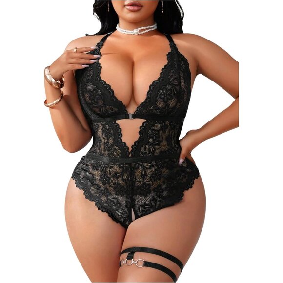 Sensual Plus Size Lace Nightwear - Backless Deep V Neck Bodysuit with Leg Ring - Picture 1 of 5